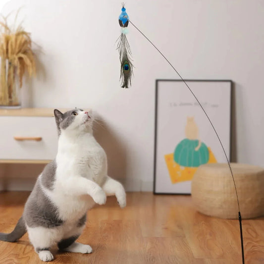 Simulation Bird Cat Teaser Wand — Interactive Feather Toy with Bell