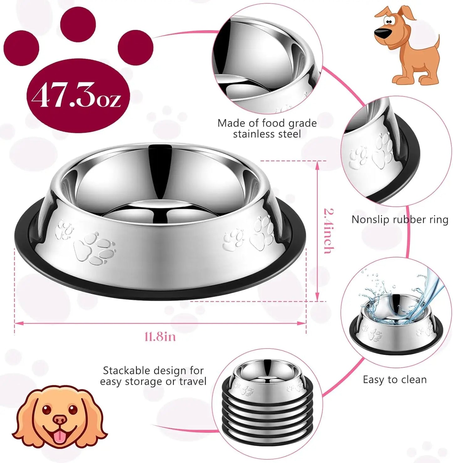 Stainless Steel Non-Slip Pet Food Bowl — Pawprint Design